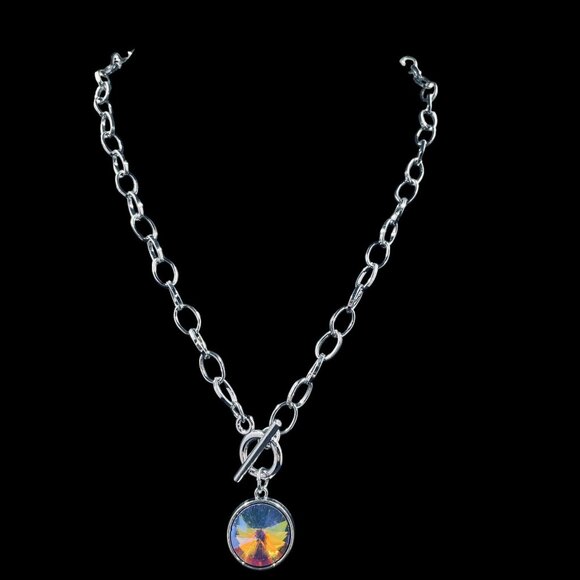 Rainbow Crystal Pendant Necklace And Earrings Set Silver Tone Toggle Clasp - Picture 5 of 9